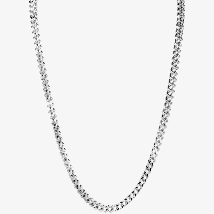 A close-up of the Franco Chain - 2mm-5.5mm Hollow White Gold, featuring a sleek twisted link design, displayed on a plain white background.
