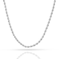 The Rope Chain - 2mm-5mm Hollow White Gold features a twisted, hollow design and is shown against a white background with a subtle reflection.