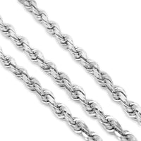 Close-up of three Rope Chain - 2mm-5mm Hollow White Gold pieces laid out parallel on a white background, showcasing their twisted, intertwined rope design.