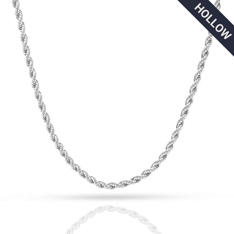 A Rope Chain - 2mm-5mm Hollow White Gold with a twisted design is shown on a white background. A black diagonal label in the corner displays "HOLLOW" in bold white uppercase letters.