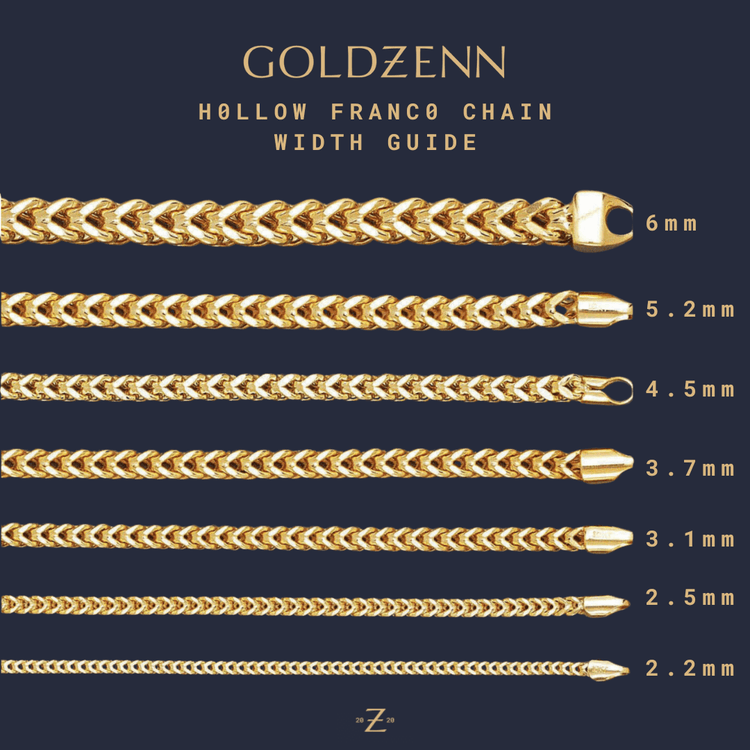 A chart displays the Franco Chain - 2mm-7mm Hollow Yellow Gold by Goldzenn in widths from 2mm to 7mm, each labeled on the right to highlight the visual difference between sizes.