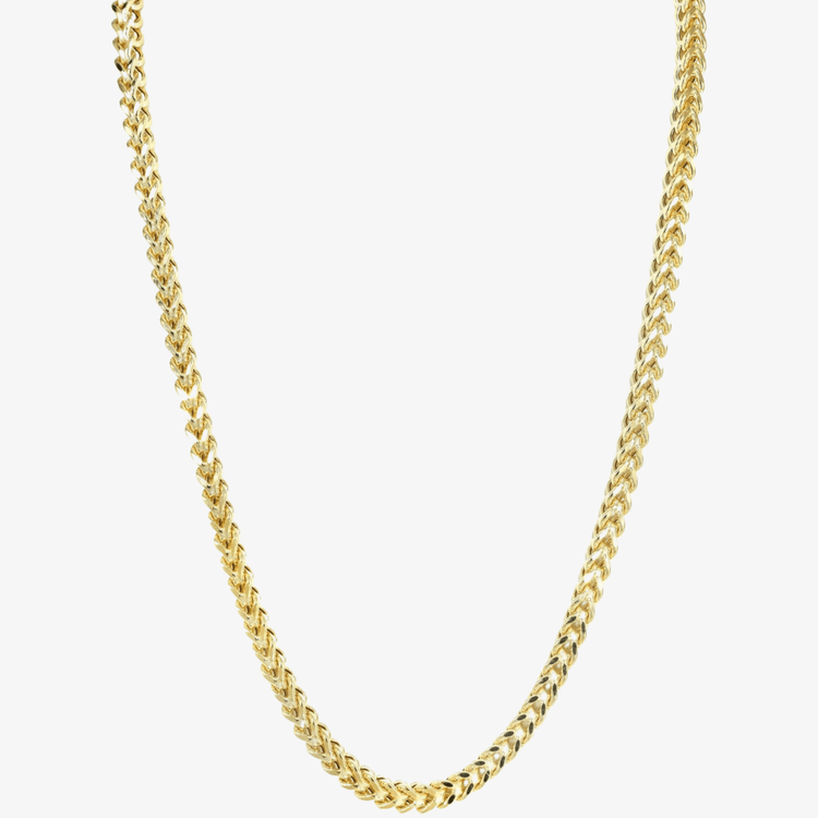 The Franco Chain - 2mm-7mm Hollow Yellow Gold features closely interlocking curb-style links with an elegant franco design, showcased against a plain white background.