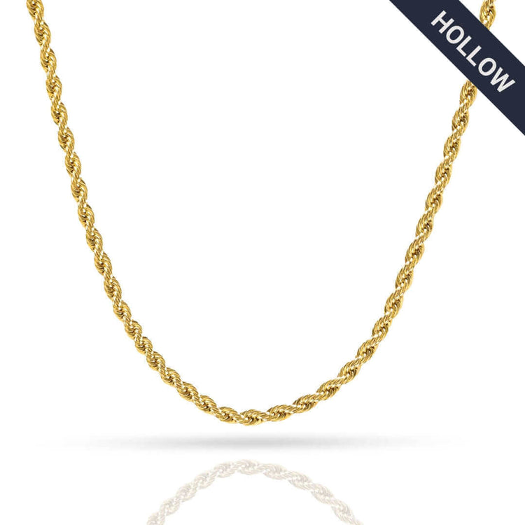A Rope Chain - 2mm-5mm Hollow Yellow Gold necklace with a twisted design is shown on a white background, with a dark “HOLLOW” banner in the top right corner highlighting its hollow gold style.