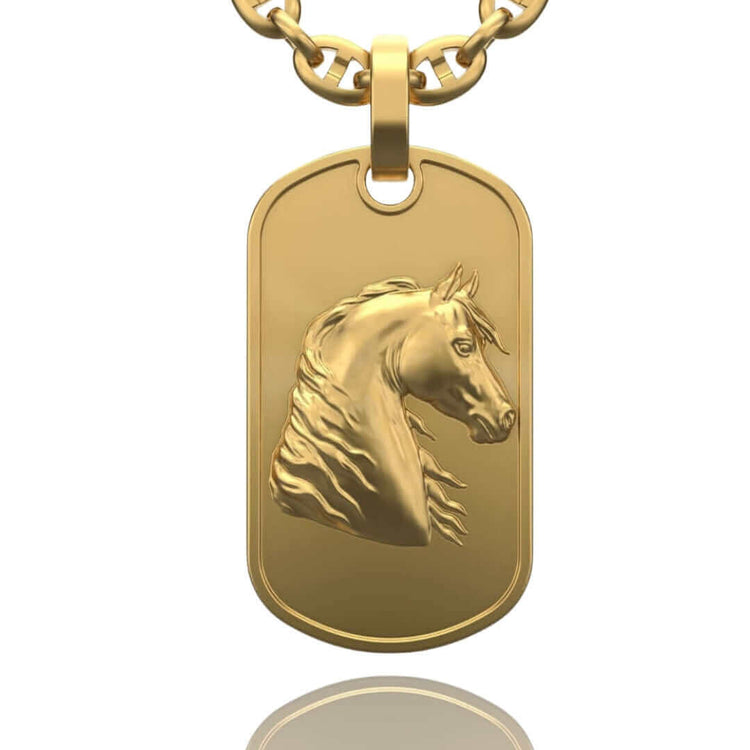 The Horse Dog Tag Pendant 14k Gold features a raised horse head engraving on solid 14K gold, paired with a sturdy round-link chain—a standout piece for any men’s pendant collection.
