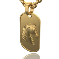 The Horse Dog Tag Pendant 14k Gold is a rectangular pendant necklace featuring a raised, detailed horse head design on a 14K gold military-style dog tag, displayed against a white background.