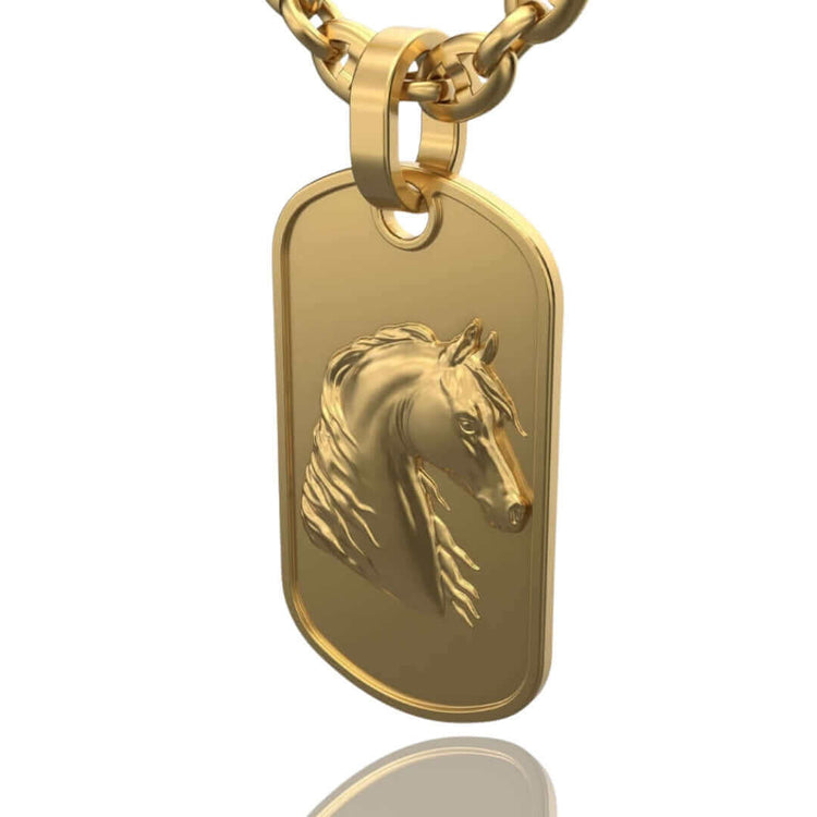 The Horse Dog Tag Pendant 14k Gold is a rectangular pendant necklace featuring a raised, detailed horse head design on a 14K gold military-style dog tag, displayed against a white background.
