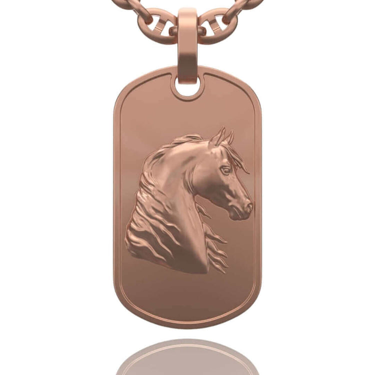 The Horse Dog Tag Pendant 14k Gold features a rose gold military dog tag design with an embossed horse head profile, hanging from a matching chain and displayed on a white background.