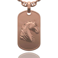 The Horse Dog Tag Pendant 14k Gold features a rose gold military dog tag design with an embossed horse head profile, hanging from a matching chain and displayed on a white background.