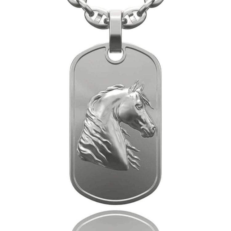 A 14k gold dog tag pendant featuring a raised, detailed horse’s head with flowing mane, suspended from a thick chain.