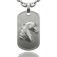 A 14k gold dog tag pendant featuring a raised, detailed horse’s head with flowing mane, suspended from a thick chain.