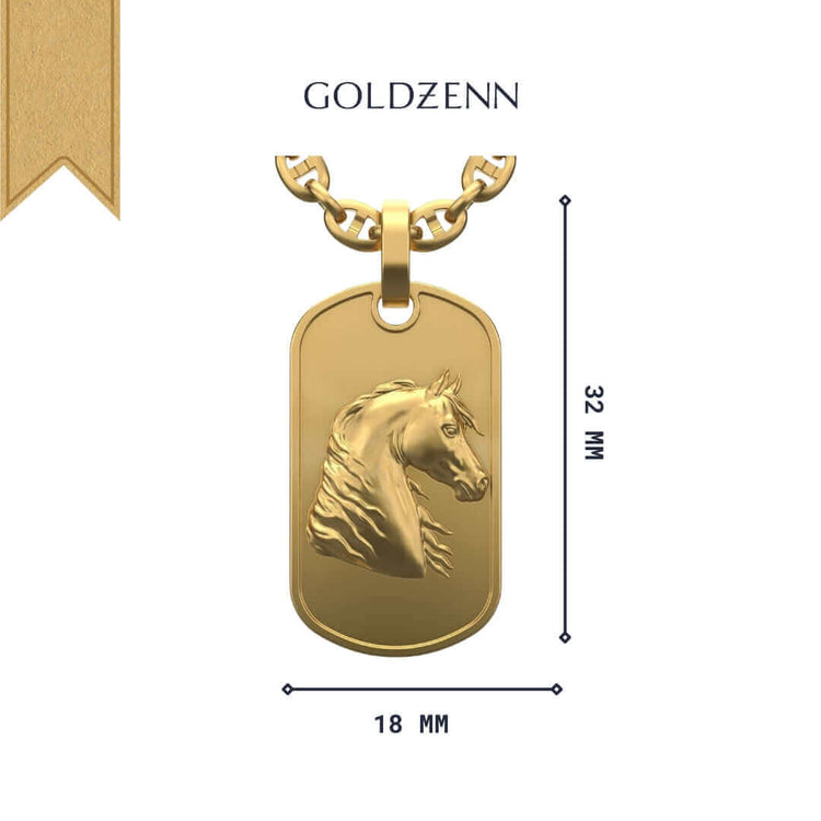 The Horse Dog Tag Pendant 14k Gold features a horse head engraving on a 32 mm x 18 mm gold pendant, inspired by classic dog tag styles. Displayed on a gold chain with GOLDZENN above.