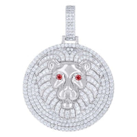 The Silver Ice Out Lion Head Charm Pendant, crafted from 925 sterling silver and encrusted with moissanite stones, features red gemstone eyes and a diamond-studded bail for a dazzling look on any chain.