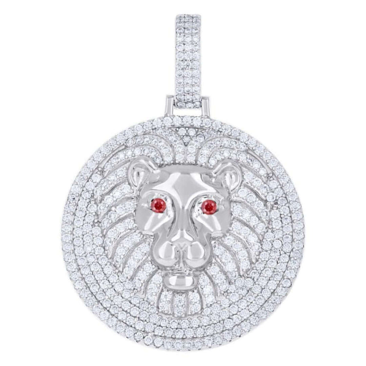 The Silver Ice Out Lion Head Charm Pendant, crafted from 925 sterling silver and encrusted with moissanite stones, features red gemstone eyes and a diamond-studded bail for a dazzling look on any chain.