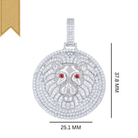 The Silver Ice Out Lion Head Charm Pendant features 925 sterling silver, clear stones, two red gemstone eyes, and a gold ribbon at the top left. It measures 37.8 mm tall by 25.1 mm wide for a bold and elegant look.
