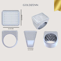 Five views of the Iced-Out Square Baguette Signet Ring – 7.20 CT show a silver, diamond-encrusted design with dimensions: 24.00 mm top width, 21.00 mm height, and 10.30 mm band—showcasing modern men's jewelry style by GOLDZENN.
