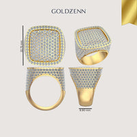 The Iced Cushion Diamond Ring – 6.48 CT Pavé Design is a men’s gold ring with a dense pavé square face, encrusted with small diamonds and shown from four angles. The ring measures 22.75 mm tall by 8.90 mm wide; GOLDZENN appears above.