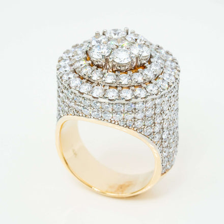 The Iced-Out 8.96 CT Lab Diamond Cluster Ring in 14K yellow gold features a wide band set with small round diamonds and a raised double-tier cluster of larger lab-grown diamonds for a bold men’s statement.