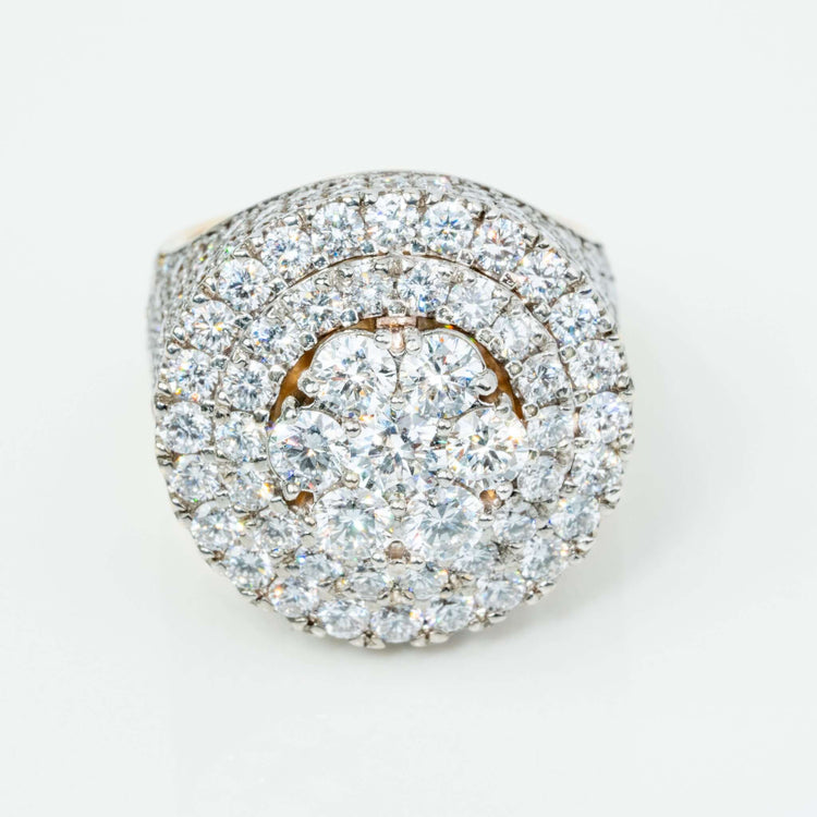 A close-up of the Iced-Out 8.96 CT Lab Diamond Cluster Ring, showcasing a large round cluster of lab diamonds in concentric rows, all set on a striking 14k yellow gold band.