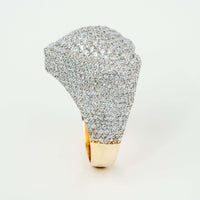 The Iced-Out Heart Cluster Ring features 5.46 CT of diamonds set in 14K yellow gold with an elegant heart-shaped cluster design.