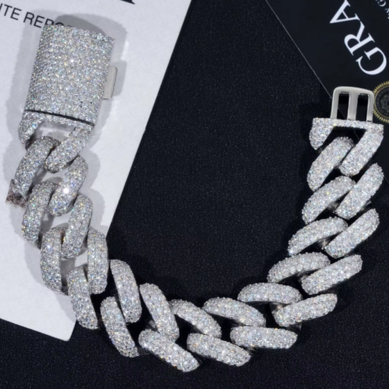 20mm Iced-out Cuban link bracelet with certified moissanite stones in 925 sterling silver and rhodium plated to ensure durability and longevity of bracelet. | GOLDZENN 