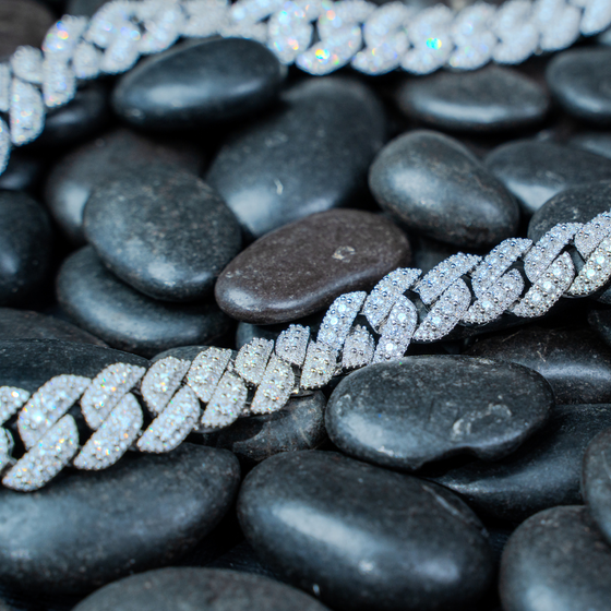 Close Image of 3 Row Certified Moissanite Diamond Stimulants Cuban Link Chain. Crafted in 925 Sterling Silver and Rhodium Plated.  