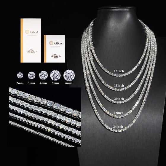 Tennis Chain with length guide of neck display. Moissanite stone 2mm - 6mm stone size guide. GRA certified moissanite diamond stimulants | GOLDZENN 