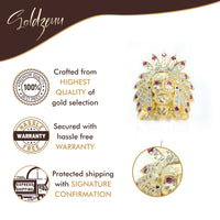 Promotional image for Goldzeuu showcases a gold Native American chief head pendant with red and clear gemstones and the Indian Men's Medium Ring in 10k gold. Features include high-quality gold, hassle-free warranty, and signature-confirmed shipping.