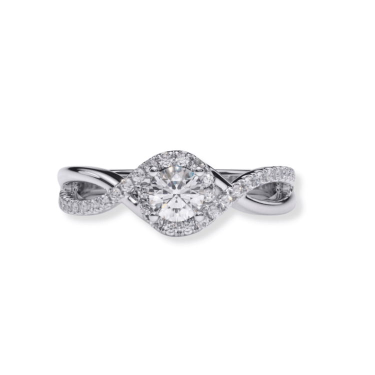 The Infinity Halo Lab Diamond Engagement Ring features a round, brilliant-cut center lab diamond set in white gold, with an infinity halo and a twisted band adorned with accent diamonds.