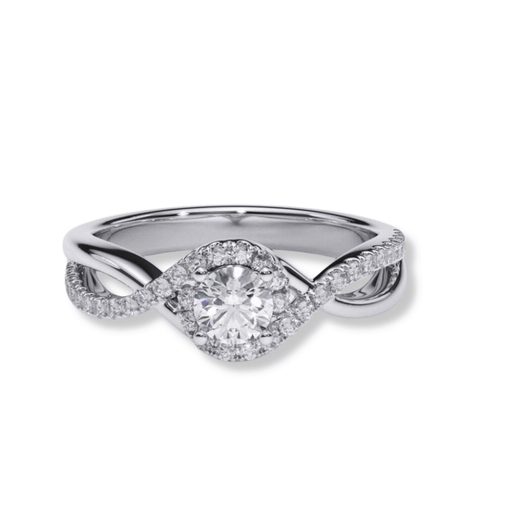 The Infinity Halo Lab Diamond Engagement Ring features a round center diamond set in white gold, with an infinity halo and a twisted band lined with pavé diamonds.