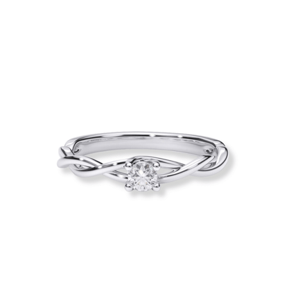 The Infinity Twist Lab Grown Diamond Solitaire Engagement Ring features a delicate silver band with an infinity twist and a single round-cut lab-grown diamond at the center.