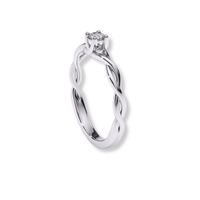 The Infinity Twist Lab Grown Diamond Solitaire Engagement Ring features a single round lab diamond in a four-prong setting atop an elegant silver infinity twist band, shown on a white background.