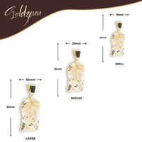 Three Jesus Piece Pendants in 10K gold—large (56x42mm), medium (42x26mm), and small (25x19mm)—from Soldzeuu are shown against a white background with the brand logo above. Perfect for men’s gold jewelry collections.