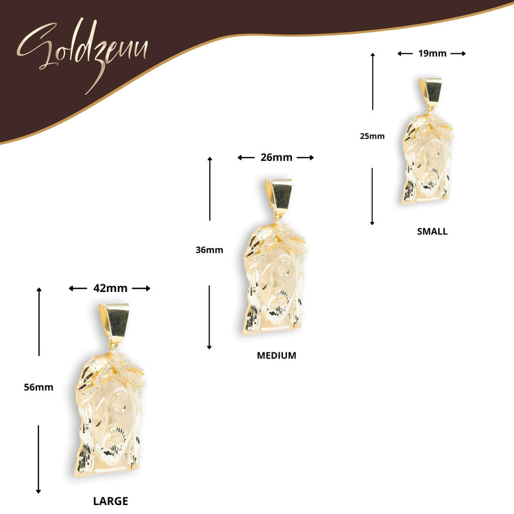 Three Jesus Piece Pendants in 10K gold—large (56x42mm), medium (42x26mm), and small (25x19mm)—from Soldzeuu are shown against a white background with the brand logo above. Perfect for men’s gold jewelry collections.
