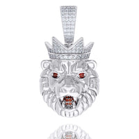 The King Lion Head Charm Pendant - Silver Moissanite features a 925 sterling silver lion head with red gemstone eyes and mouth, plus a VVS moissanite diamond-studded crown and bail, shown on a white background.
