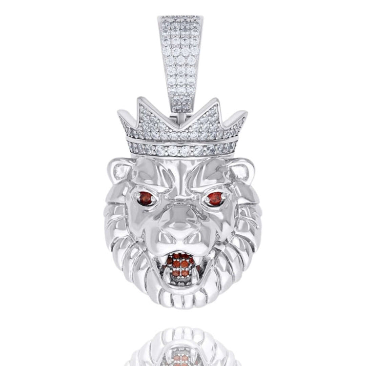 The King Lion Head Charm Pendant - Silver Moissanite features a 925 sterling silver lion head with red gemstone eyes and mouth, plus a VVS moissanite diamond-studded crown and bail, shown on a white background.