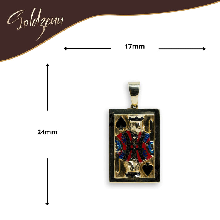 The King of Spades Card Pendant in 10K Gold – Men's Gold Pendant measures 24mm x 17mm, features detailed craftsmanship, a bail for your chain, and the Soldzeuu logo on the back—perfect as a bold accessory.