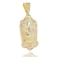 Men’s gold jewelry: The Lady Charity Caridad del Cobre Pendant in 10k solid gold features an intricate robed figure framed by a scalloped, decorative border with a reflective finish.