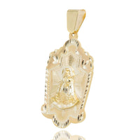 The Lady Charity Caridad del Cobre Pendant in 10k solid gold features an engraved central figure, a decorative scalloped border, and a polished bail—an ideal men's gold jewelry piece.