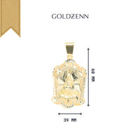 The Lady Charity Caridad del Cobre Pendant in 10k solid gold features an ornate design, measuring 60mm x 39mm. Displayed on a white background with the GOLDZENN brand above, it's an elegant choice for any men's gold jewelry collection.