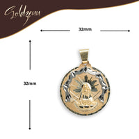 The Lady Charity Round Ornamental Pendant is a 32mm men's piece in 10K solid gold, featuring a raised Jesus image with radiant rays, a decorative border, and the Soldzeuu logo on the top left.