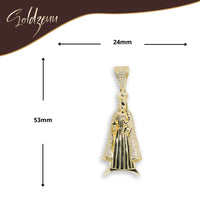 Lady of Charity Pendant – 10K Gold with CZ Stones features a robed religious figure holding an object, measures 53mm x 24mm; Gold Men’s Pendant. Soldzeun logo at top left.