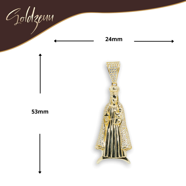 Lady of Charity Pendant – 10K Gold with CZ Stones features a robed religious figure holding an object, measures 53mm x 24mm; Gold Men’s Pendant. Soldzeun logo at top left.