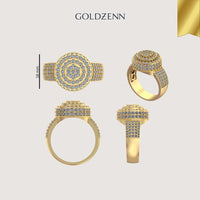 Four views of the Layered Round Diamond Ring – 2.33 CT Gold Design for men, featuring multiple rows of small diamonds. The 16mm tall ring is displayed on a light background with "Goldzenn" text above.