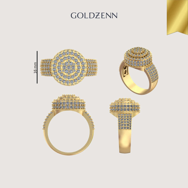 Four views of the Layered Round Diamond Ring – 2.33 CT Gold Design for men, featuring multiple rows of small diamonds. The 16mm tall ring is displayed on a light background with "Goldzenn" text above.