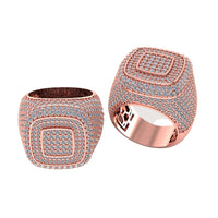 Two Layered Square Diamond Rings – 6.23 CT Gold Design, featuring broad rose gold bands encrusted with rows of sparkling clear stones in a square pattern, are displayed against a white background.