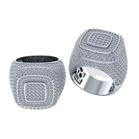 Two Layered Square Diamond Rings – 6.23 CT Gold Design, featuring multiple rows of sparkling diamonds, are showcased at various angles on a white background—a bold alternative to classic gold men's rings.