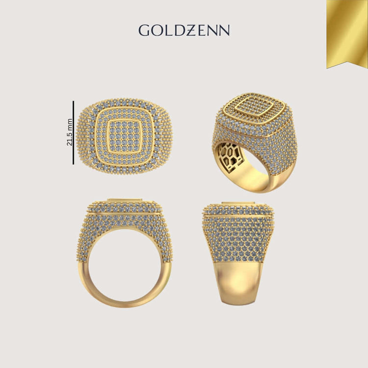 Four views of the Layered Square Diamond Ring – 6.23 CT Gold Design are shown from the top, side, front, and at an angle, with GOLDZENN above and a 24.15 mm measurement indicated.