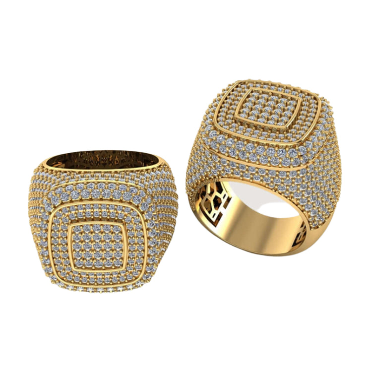 The Layered Square Diamond Ring – 6.23 CT Gold Design features a bold, wide band covered in concentric rows of sparkling diamonds and a square design, displayed from two angles on a white background.