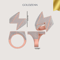 The GOLDZENN Lightning Strike Diamond Ring – 4.40 CT Pavé Design, shaped like a lightning bolt and encrusted with small diamonds in rose gold, is shown from four angles with measurements: 28.00 mm height and 6.5 mm band width.