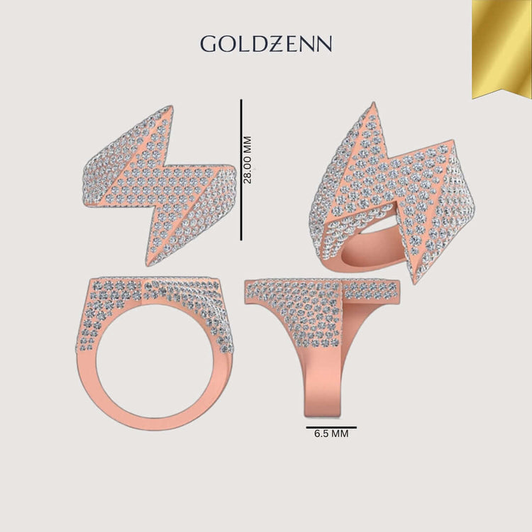The GOLDZENN Lightning Strike Diamond Ring – 4.40 CT Pavé Design, shaped like a lightning bolt and encrusted with small diamonds in rose gold, is shown from four angles with measurements: 28.00 mm height and 6.5 mm band width.